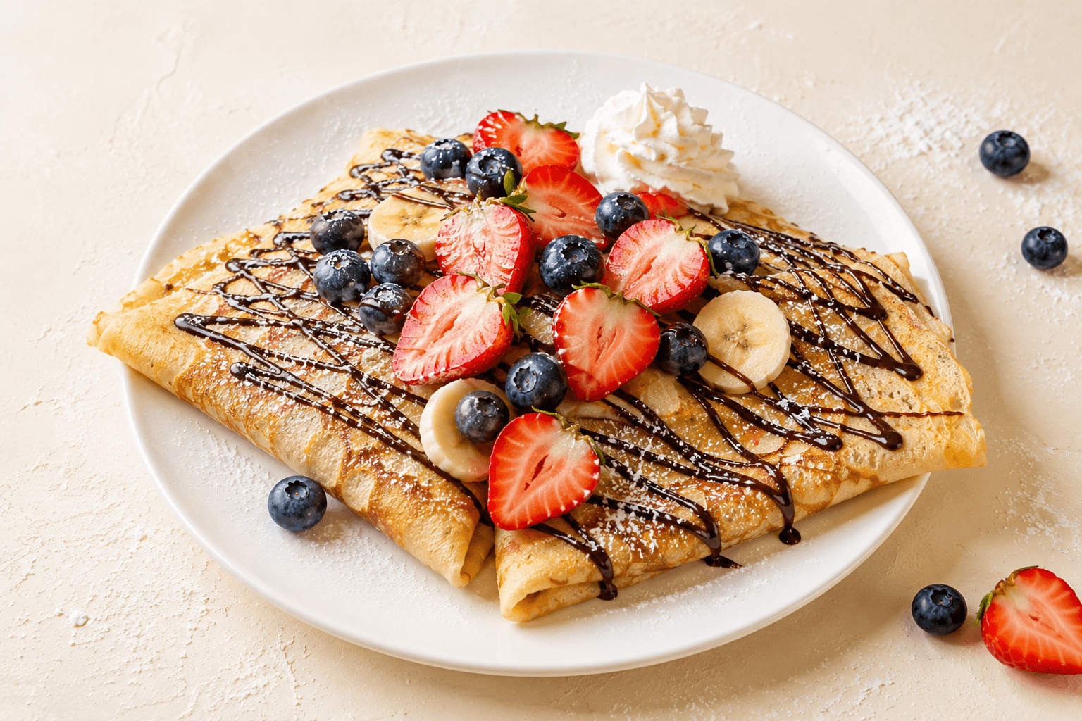 A plated serving of Nate's crepes with fresh strawberries, blueberries, banana, whipped cream and chocolate drizzle